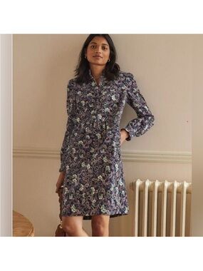 Boden Navy French Paisley Ruffle Neck Cord Corduroy Dress Size 6 Long